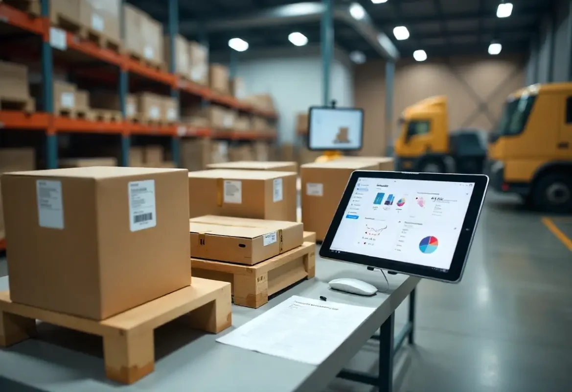 Packaging prototypes, palletization mockup and logistics tablet showing DDP and ETA—illustrating protective packaging and global logistics planning.