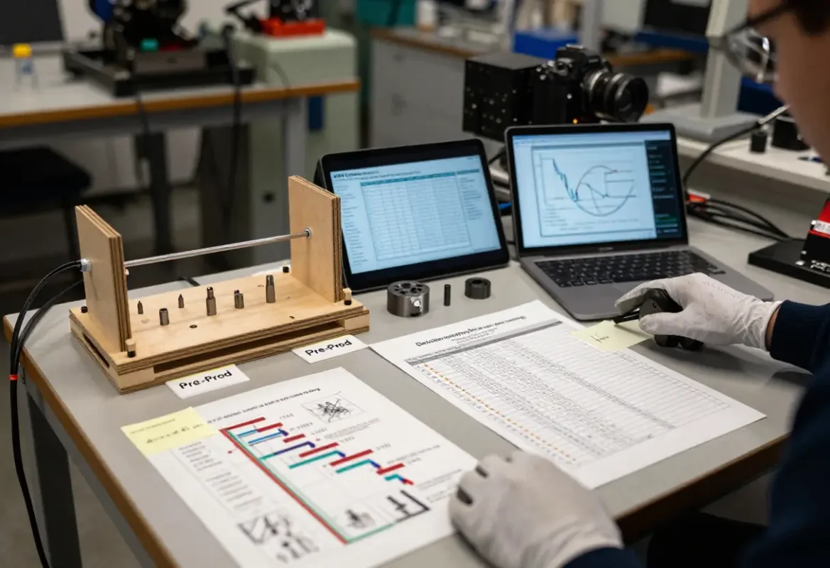 Tooling roadmap with pilot fixture, production die sample and tablet showing NRE amortization and decision matrix—visualizing tooling strategy and ROI.