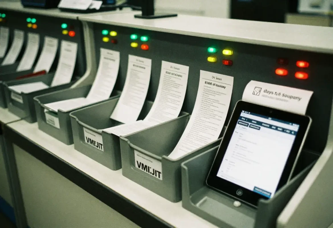 Electronic Kanban/VMI rack with replenishment cards and a tablet showing triggers and service levels—visualizing VMI/JIT inventory strategies.