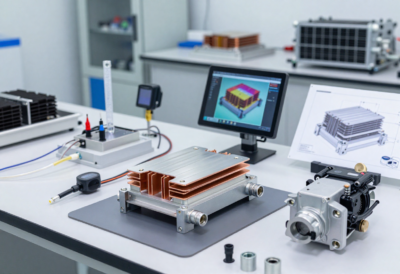 Photorealistic hero image prompt — "Thermal Components for Automotive & EV — Liquid Cold Plates, Heat Sinks, Vapor Chambers, Cooling Module Assemblies" Scene overview - Wide horizontal hero composition (16:9), clean engineering bench or small test cell in an EV/automotive thermal lab. Emphasize precision thermal hardware, functional detail, and test readiness. No people’s faces visible and no readable text or logos. Foreground (primary focal area) - Central: a finished liquid cold plate assembly (machined aluminum block with microchannels, inlet/outlet manifolds, and brazed or bonded tube fittings) placed on a low-profile metrology mat. Surface shows machined fins and O‑ringed ports; joints and welds/brazes are visible and clean. - Slightly left of center: a stacked set of heat sinks—extruded aluminum and stamped copper—showing fin geometries and a copper cold‑finger or vapor chamber sandwiched between plates. One heat sink is cutaway or has a removed section to expose internal vapor chamber channels and wick structure (no text). - Right foreground: a compact cooling module assembly (pump, reservoir, quick‑connect hoses, and a small fan/duct shroud) laid out as a ready-to-install subsystem. Hoses show crimps and kink-protection, quick-connect couplers visible but unlabeled. - Near the cold plate: precision thermal sensors and thermocouple wires neatly routed to labeled (blurred) connectors; a small flow meter with a blurred display in-line on a short transparent hose segment to hint at flow testing. All instrument displays intentionally blurred. Midground (supporting visual cues) - A benchtop leak‑test fixture or pressure test block with the cold plate fixtured and a soft stream of micro‑bubbles captured in a small clear trough (visual cue for leak testing without readable labels). - A thermal camera view on a tablet or monitor showing a blurred false‑color map of a cold plate under test (no numerical readouts). The camera or emissivity target is nearby but textless. - A CAD print or exploded assembly drawing partially visible and intentionally blurred, showing stack orientation and mounting bosses; a couple of machined mounting brackets and threaded inserts lie nearby. Background (context & environment) - Softly blurred lab environment with a small circulation loop (pump and reservoir), racks with additional cold plates and heat sinks in sealed trays, and a larger EV cooling pack mockup on a shelf. Part trays may have subtle colored tags (no text). - A compact vibration table or thermal chamber door visible in the far background to suggest validation capability (door closed, no readable UI). Lighting, composition & styling - Neutral technical lighting with controlled highlights to accent machined surfaces, fin edges, brazed seams, and copper vs aluminum contrast. Slightly shallow depth of field: sharp focus on the cold plate and exposed vapor chamber detail; midground and background softly blurred to create depth. - Color palette: cool neutrals (stainless, aluminum, copper tones) with small utility accents (tubing in black/blue, sensor wires in bright colors) to guide the eye. - High photoreal detail: crisp metal textures, fine machining marks, realistic reflections on brazed joints, subtle coolant residue/gloss on hose fittings—absolutely no logos, no watermarks, no readable text, no visible faces, no extra fingers, no floating geometry, avoid AI artifacts. Shot parameters (suggested) - Horizontal/hero crop, f/4–f/5.6 for modest depth separation, focal length ~50–85mm equivalent, camera height slightly above bench to show channel geometry and manifold orientation. Intent / caption (one line) - Showcase high‑performance thermal components for automotive/EV cooling: liquid cold plates, heat sinks, vapor chambers and assembled cooling modules ready for test and integration.